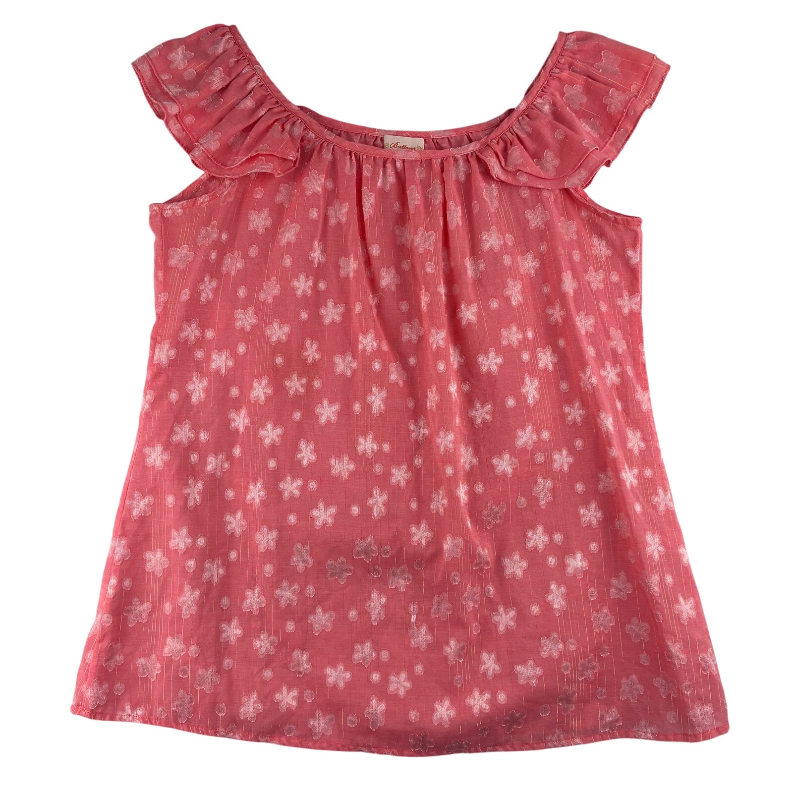 Buttons Sleeveless Ruffle Collar Women Medium Pink Gold Metallic Floral Feminine